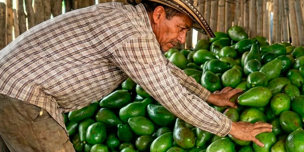 Agricultor colombiano recolectando aguacates