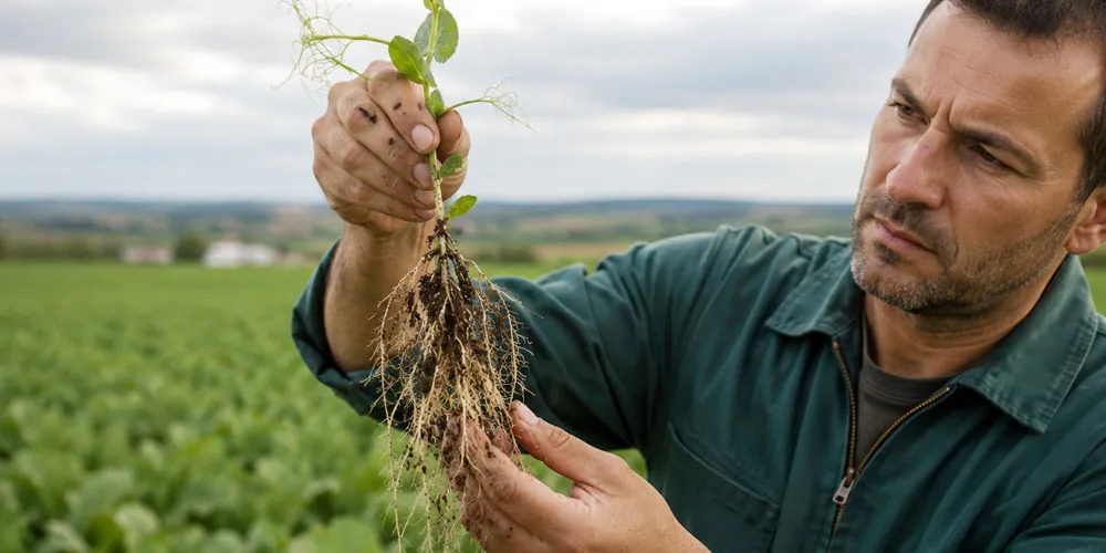 Agricultor observando las raíces de una planta bajo agricultura regenerativa