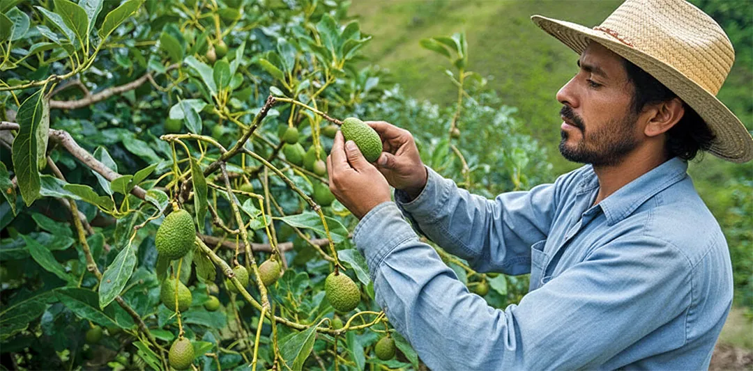 Agricultor recolectando aguacates en Colombia