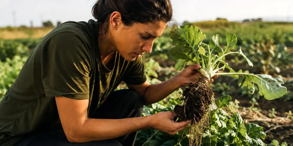 Agrónoma evaluando el cultivo bajo agricultura regenerativa